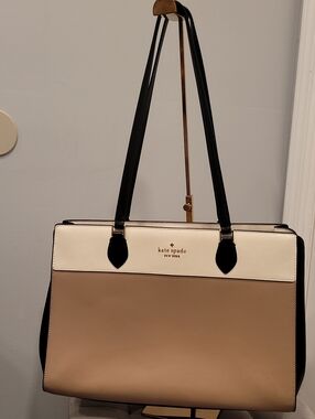 Kate Spade Madison East West Leather Laptop Tote Toasted Hazelnut Beige Multi